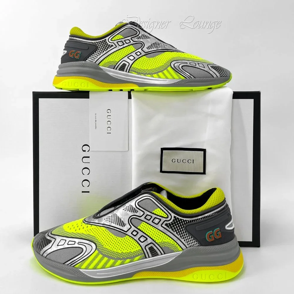 NEW GUCCI Ultrapace R GG Logo Men's Sneakers Yellow Grey 8 G / US 8.5 Authentic